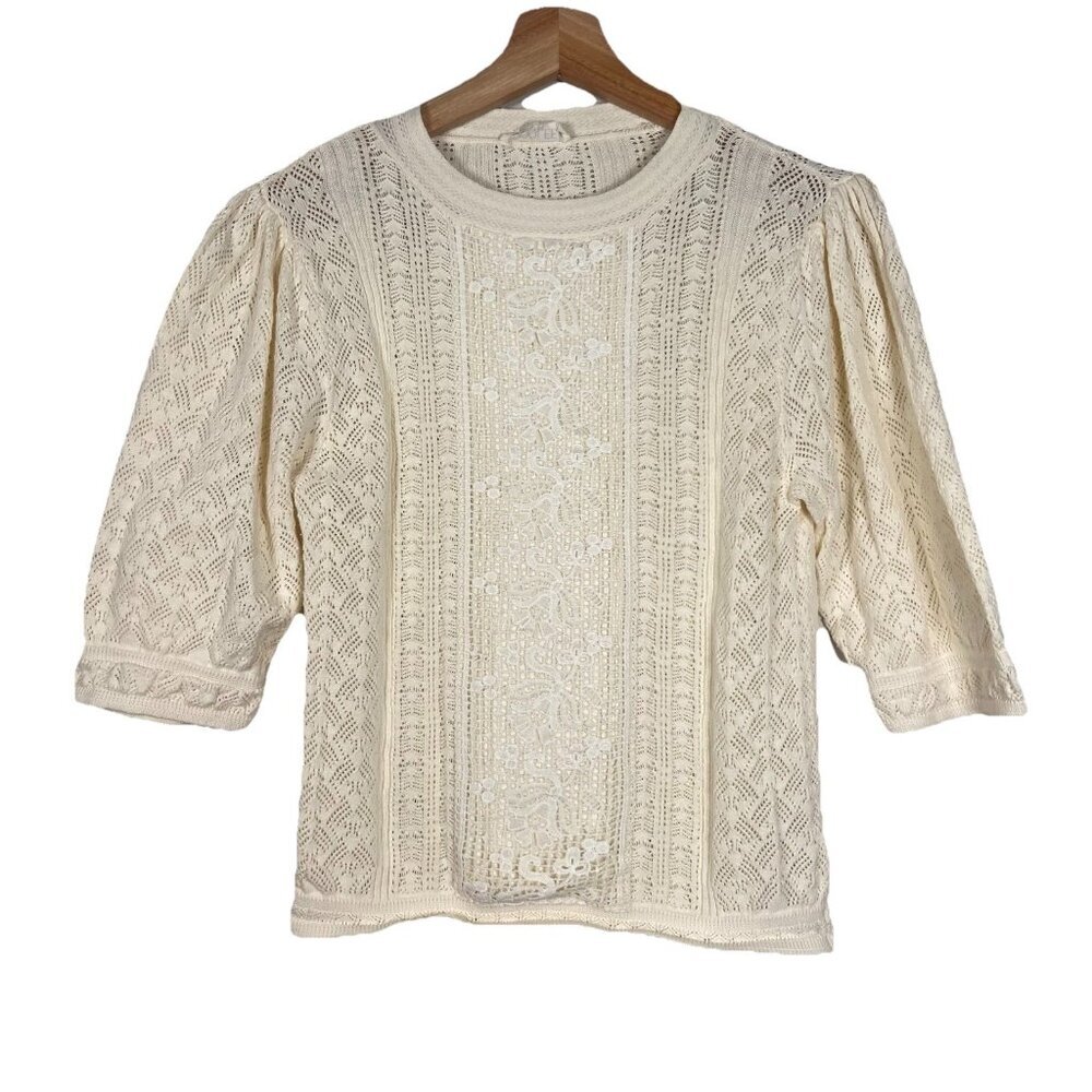 Roolee Crochet Knit‎ Ivory Blouse Women's Size S Cottagecore Minimalist Boho Top